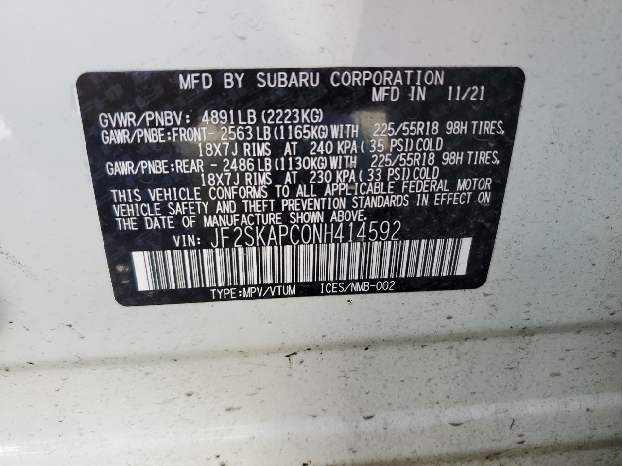 Photo 13 VIN: JF2SKAPC0NH414592 - SUBARU FORESTER 