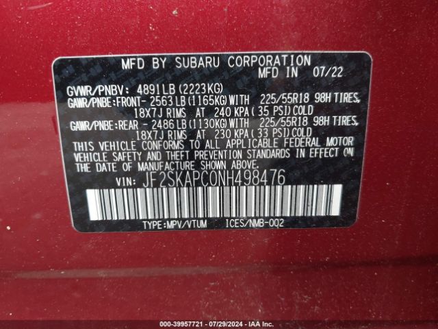 Photo 8 VIN: JF2SKAPC0NH498476 - SUBARU FORESTER 