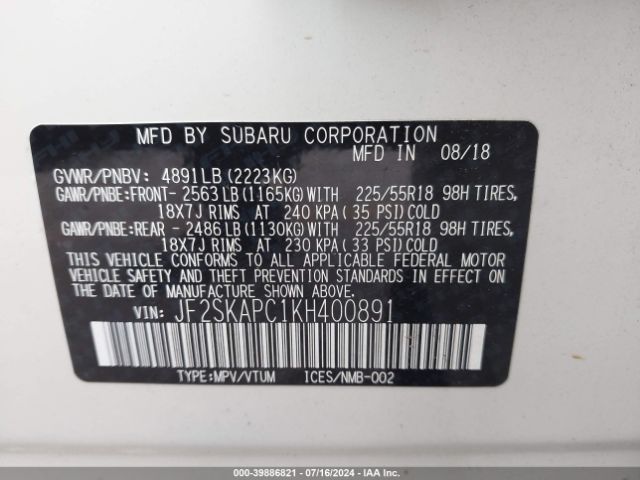 Photo 8 VIN: JF2SKAPC1KH400891 - SUBARU FORESTER 