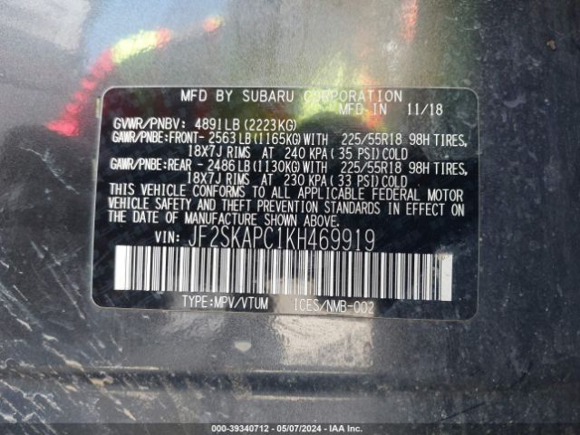 Photo 8 VIN: JF2SKAPC1KH469919 - SUBARU FORESTER 