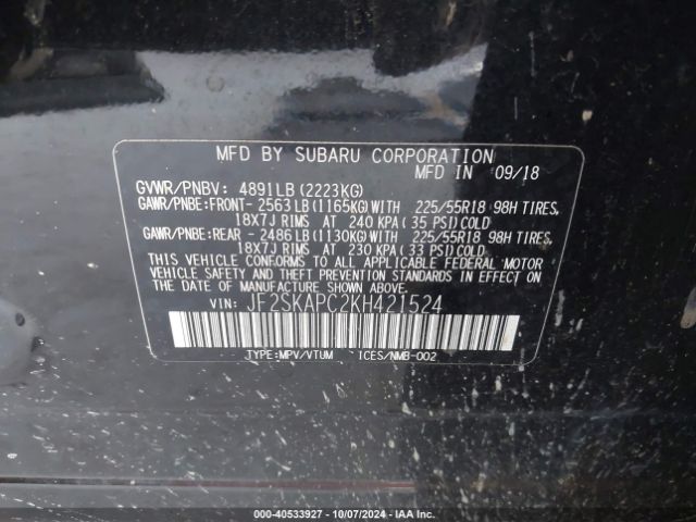 Photo 8 VIN: JF2SKAPC2KH421524 - SUBARU FORESTER 