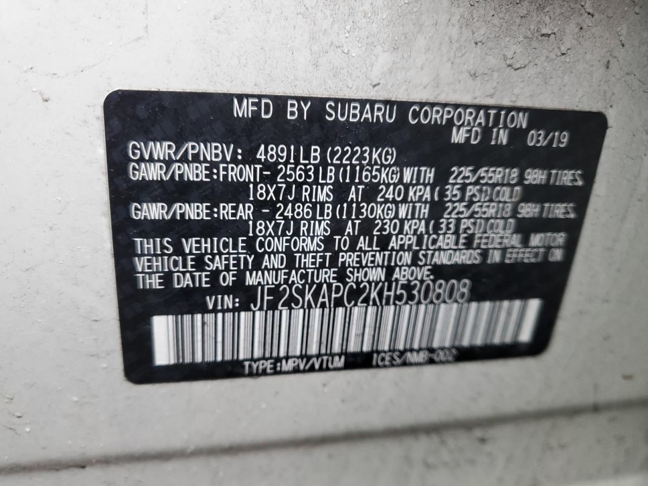 Photo 12 VIN: JF2SKAPC2KH530808 - SUBARU FORESTER 