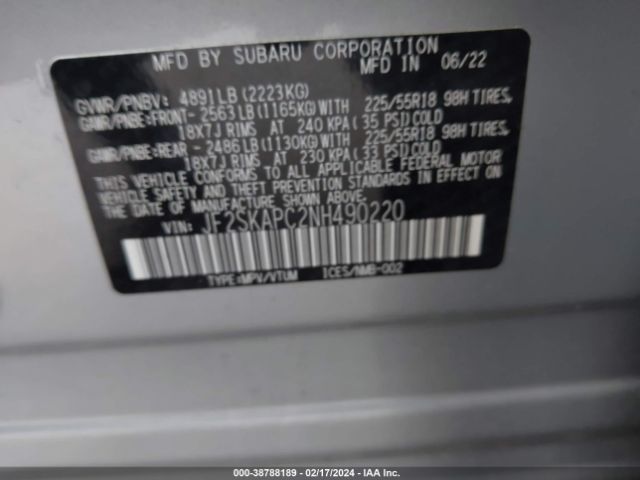 Photo 8 VIN: JF2SKAPC2NH490220 - SUBARU FORESTER 