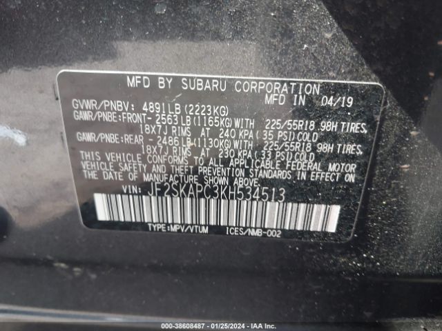 Photo 8 VIN: JF2SKAPC3KH534513 - SUBARU FORESTER 