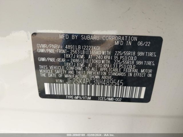 Photo 8 VIN: JF2SKAPC3NH489545 - SUBARU FORESTER 