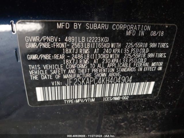 Photo 8 VIN: JF2SKAPC4KH404904 - SUBARU FORESTER 