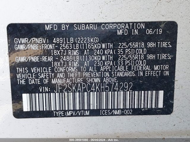 Photo 8 VIN: JF2SKAPC4KH574292 - SUBARU FORESTER 