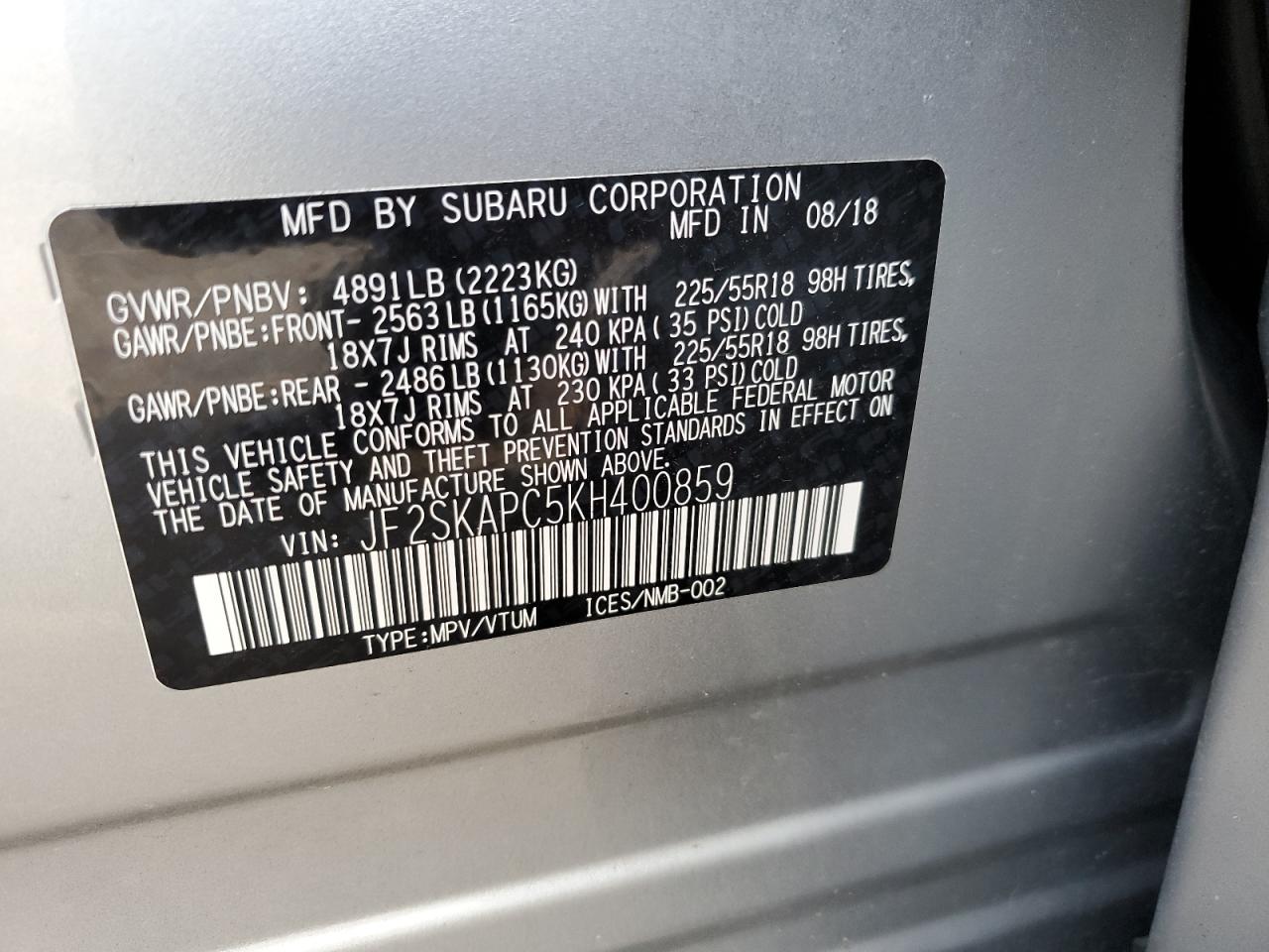 Photo 12 VIN: JF2SKAPC5KH400859 - SUBARU FORESTER 