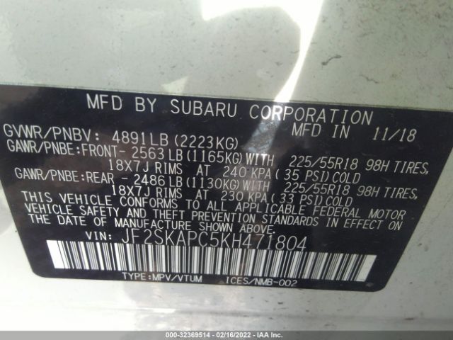 Photo 8 VIN: JF2SKAPC5KH471804 - SUBARU FORESTER 