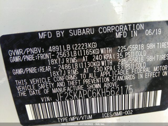 Photo 8 VIN: JF2SKAPC6KH562175 - SUBARU FORESTER 