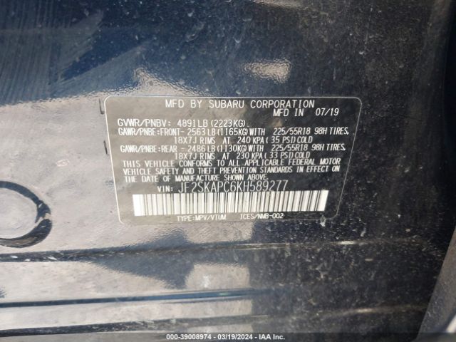 Photo 8 VIN: JF2SKAPC6KH589277 - SUBARU FORESTER 