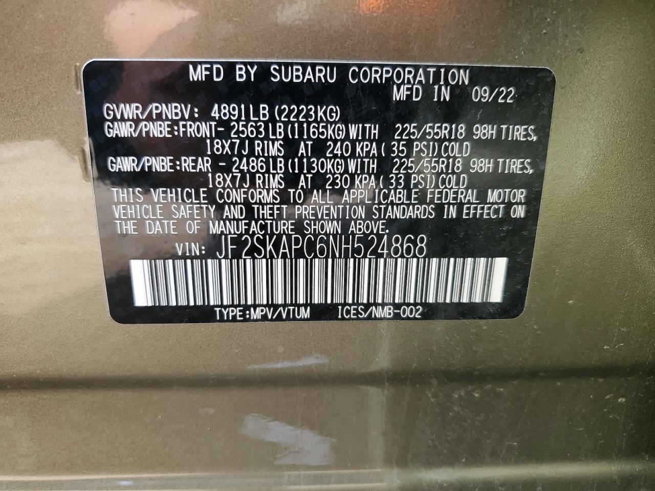 Photo 12 VIN: JF2SKAPC6NH524868 - SUBARU FORESTER 