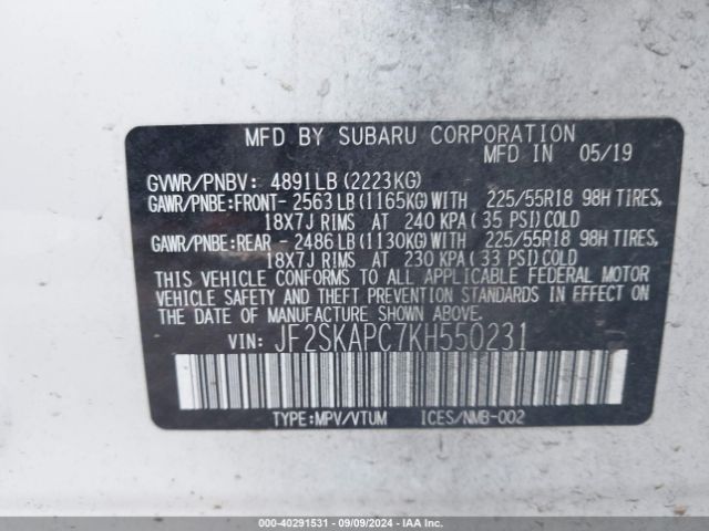 Photo 8 VIN: JF2SKAPC7KH550231 - SUBARU FORESTER 