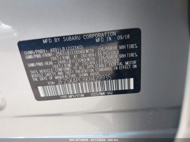 Photo 8 VIN: JF2SKAPC8KH429935 - SUBARU FORESTER 