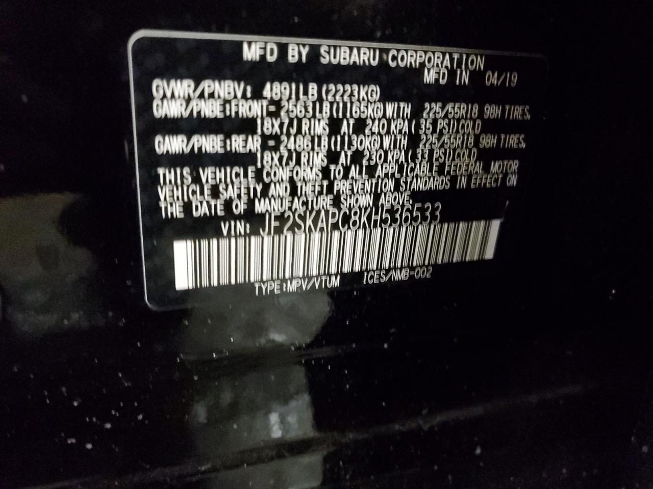 Photo 11 VIN: JF2SKAPC8KH536533 - SUBARU FORESTER 