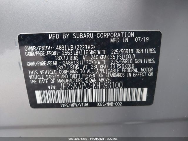 Photo 8 VIN: JF2SKAPC9KH593100 - SUBARU FORESTER 