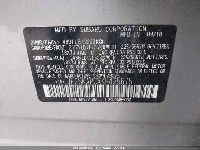 Photo 8 VIN: JF2SKAPCXKH425675 - SUBARU FORESTER 