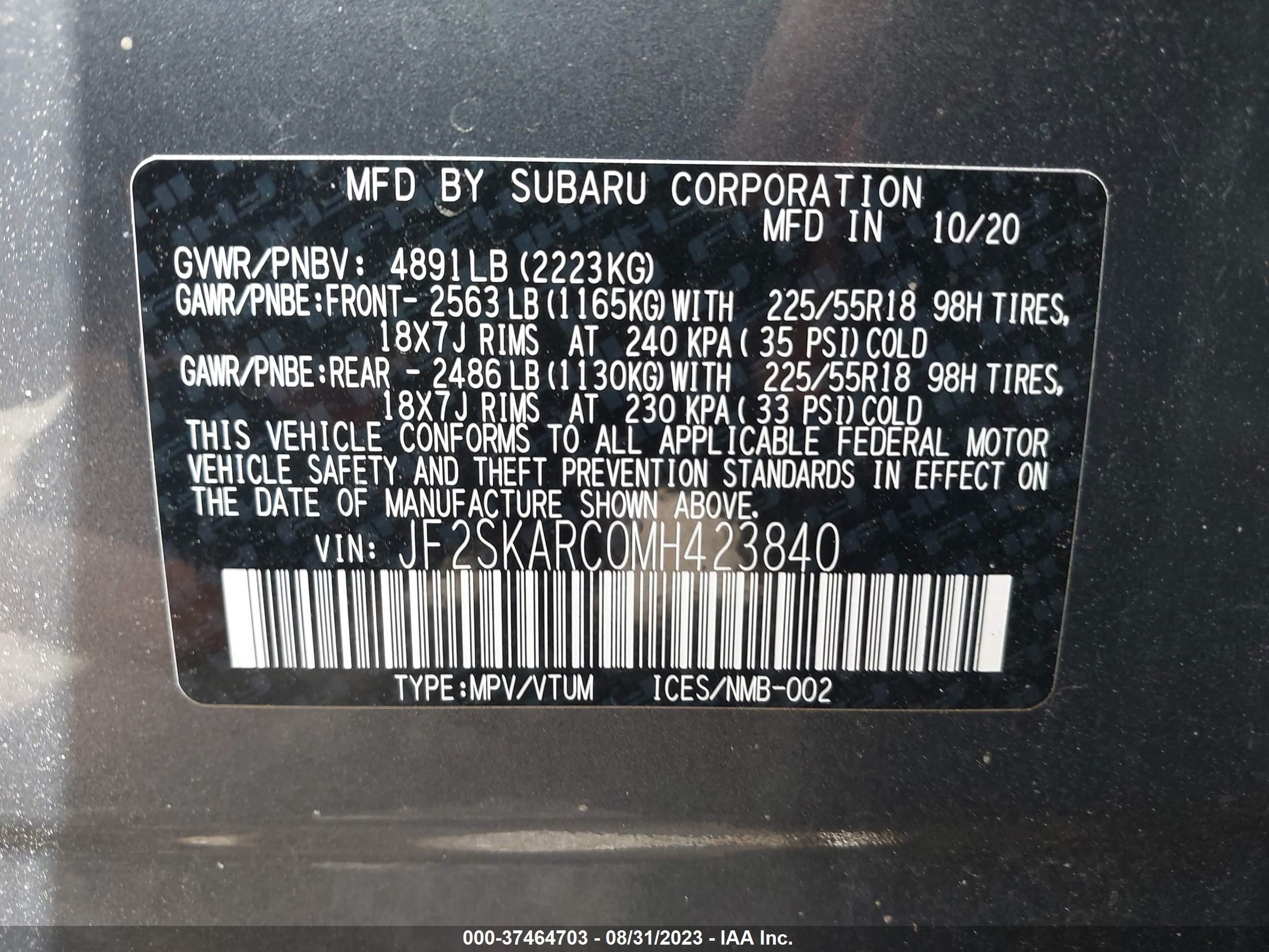 Photo 8 VIN: JF2SKARC0MH423840 - SUBARU FORESTER 