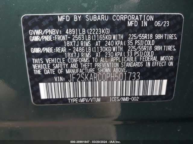 Photo 8 VIN: JF2SKARC0PH501733 - SUBARU FORESTER 