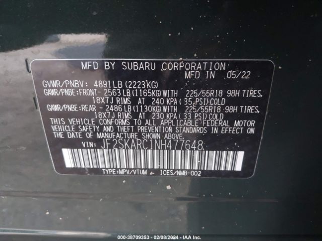 Photo 8 VIN: JF2SKARC1NH477648 - SUBARU FORESTER 