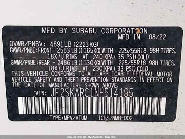 Photo 8 VIN: JF2SKARC1NH514195 - SUBARU FORESTER 