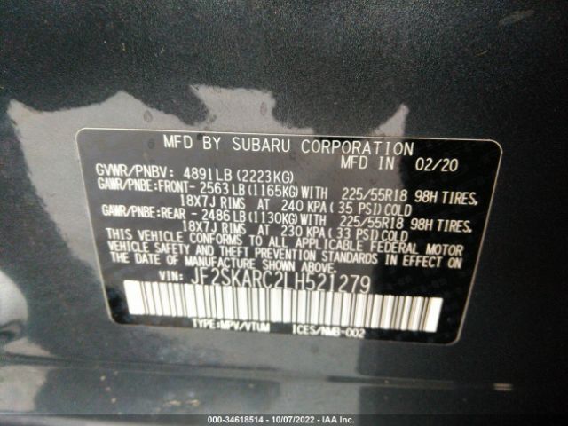 Photo 8 VIN: JF2SKARC2LH521279 - SUBARU FORESTER 