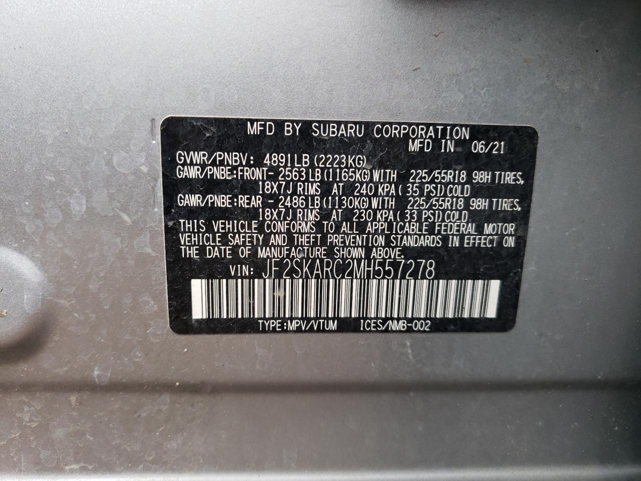 Photo 11 VIN: JF2SKARC2MH557278 - SUBARU FORESTER 