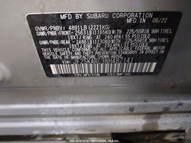 Photo 8 VIN: JF2SKARC3NH482141 - SUBARU FORESTER 