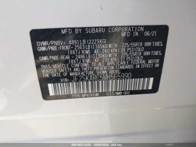 Photo 8 VIN: JF2SKARC5MH565990 - SUBARU FORESTER 