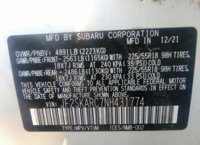 Photo 8 VIN: JF2SKARC7NH431774 - SUBARU FORESTER 