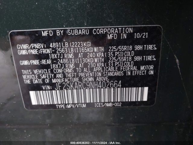 Photo 8 VIN: JF2SKARC9NH402664 - SUBARU FORESTER 