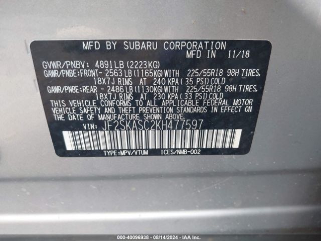 Photo 8 VIN: JF2SKASC2KH477597 - SUBARU FORESTER 