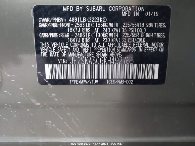 Photo 8 VIN: JF2SKASC6KH492765 - SUBARU FORESTER 