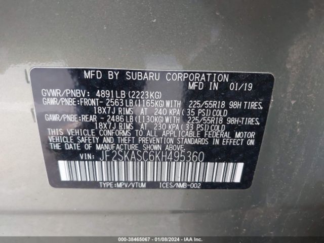 Photo 8 VIN: JF2SKASC6KH495360 - SUBARU FORESTER 