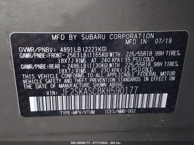 Photo 8 VIN: JF2SKASC8KH590177 - SUBARU FORESTER 