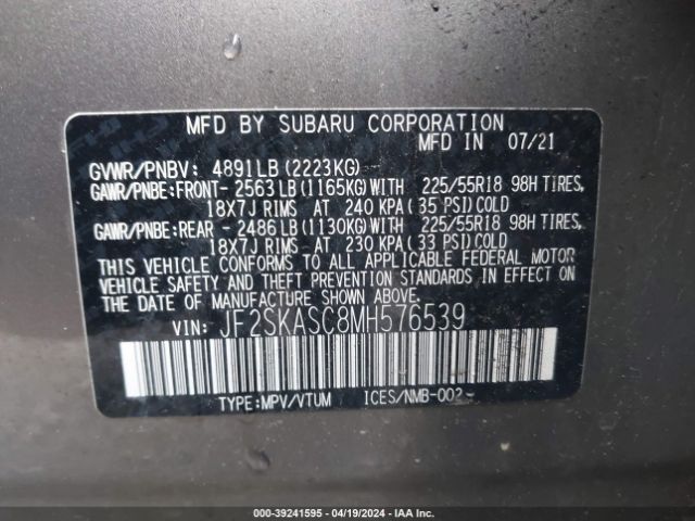 Photo 8 VIN: JF2SKASC8MH576539 - SUBARU FORESTER 