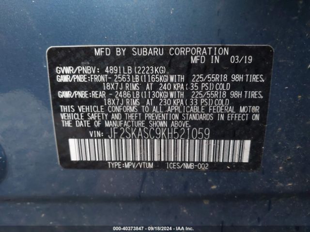 Photo 8 VIN: JF2SKASC9KH521059 - SUBARU FORESTER 