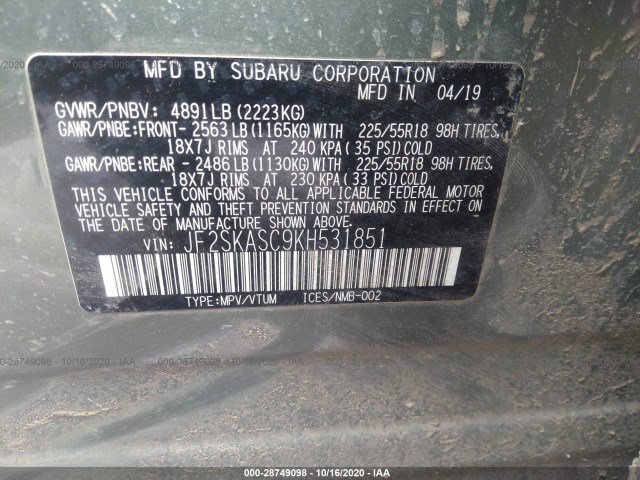 Photo 8 VIN: JF2SKASC9KH531851 - SUBARU FORESTER 