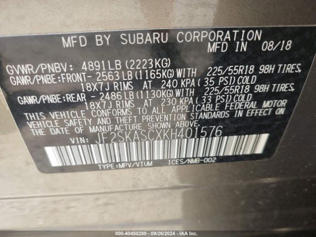 Photo 8 VIN: JF2SKASCXKH401576 - SUBARU FORESTER 