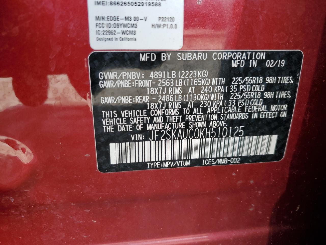 Photo 12 VIN: JF2SKAUC0KH510125 - SUBARU FORESTER 