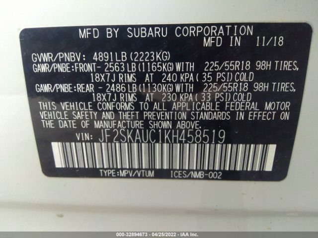 Photo 8 VIN: JF2SKAUC1KH458519 - SUBARU FORESTER 