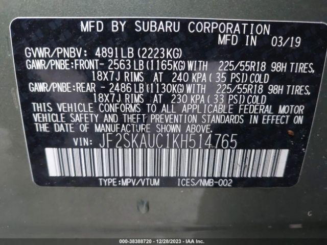 Photo 8 VIN: JF2SKAUC1KH514765 - SUBARU FORESTER 