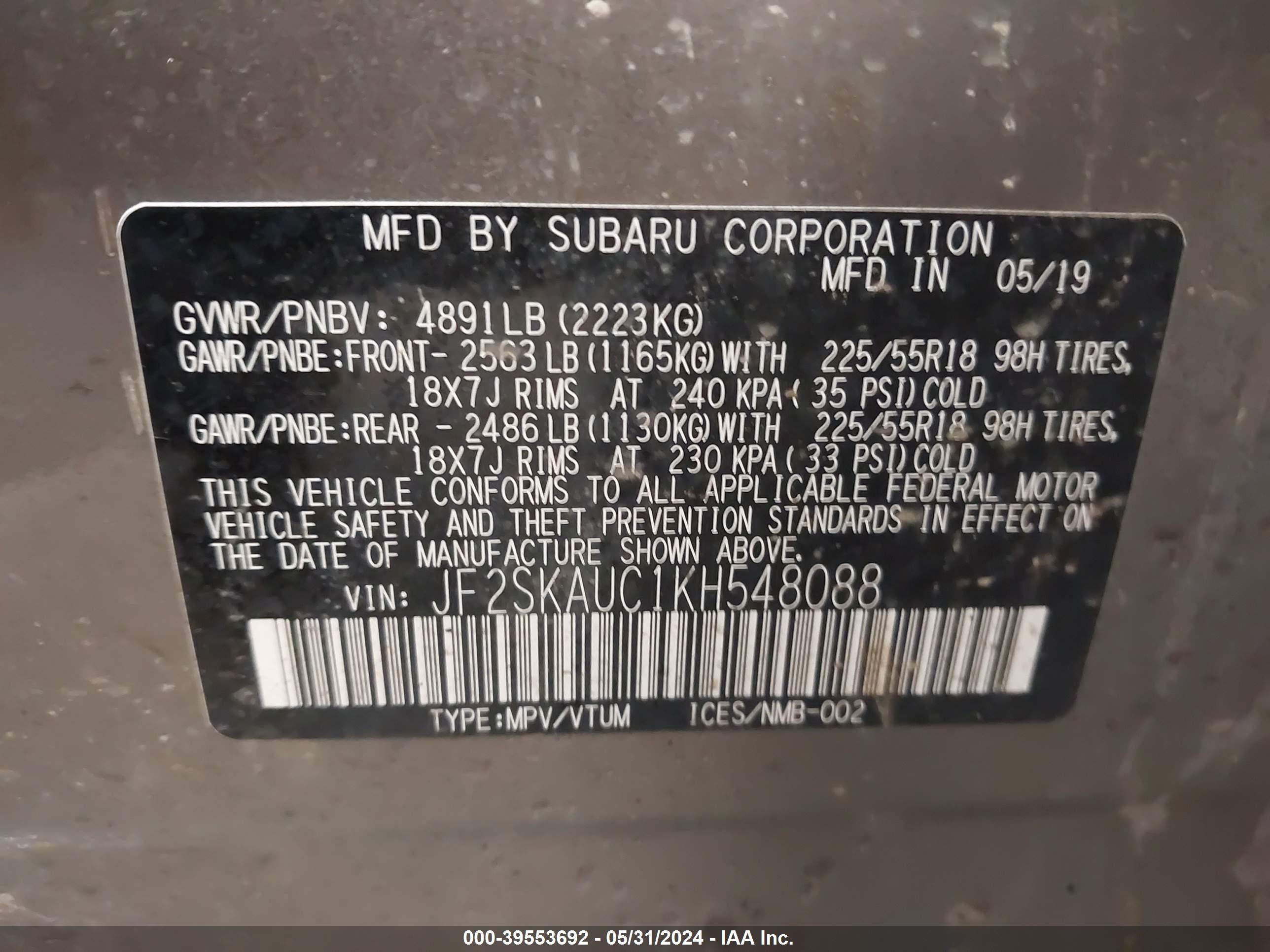 Photo 9 VIN: JF2SKAUC1KH548088 - SUBARU FORESTER 