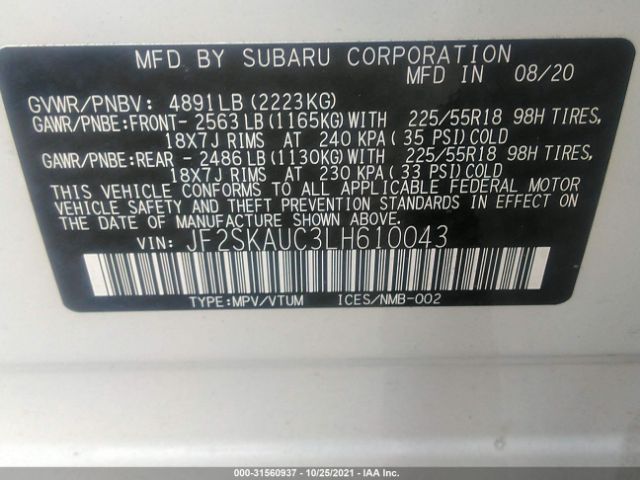 Photo 8 VIN: JF2SKAUC3LH610043 - SUBARU FORESTER 