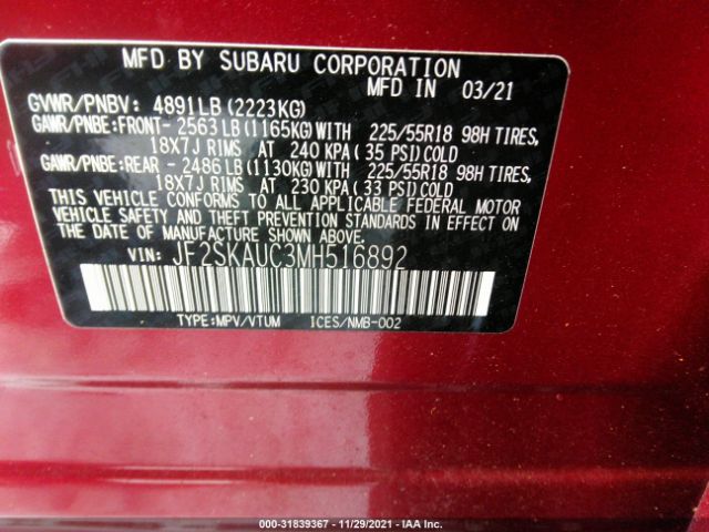 Photo 8 VIN: JF2SKAUC3MH516892 - SUBARU FORESTER 