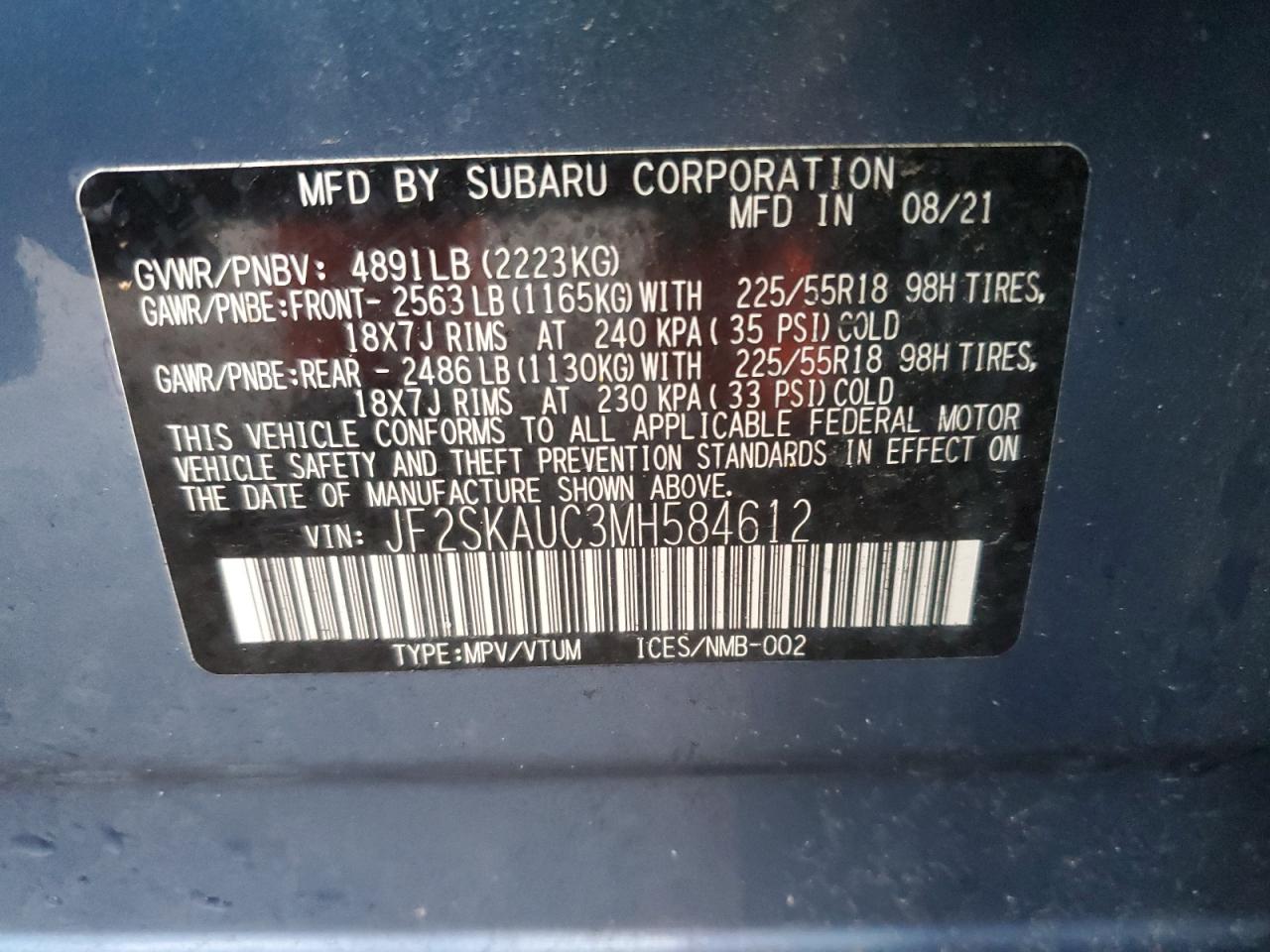 Photo 12 VIN: JF2SKAUC3MH584612 - SUBARU FORESTER 