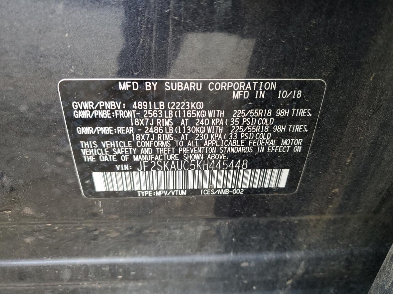 Photo 12 VIN: JF2SKAUC5KH445448 - SUBARU FORESTER 