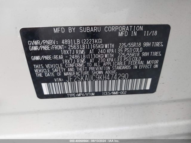 Photo 8 VIN: JF2SKAUC9KH474290 - SUBARU FORESTER 