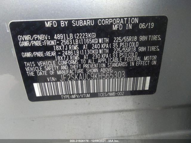 Photo 8 VIN: JF2SKAUC9KH565303 - SUBARU FORESTER 