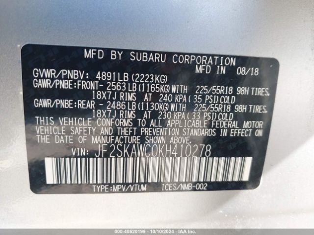 Photo 8 VIN: JF2SKAWC0KH410278 - SUBARU FORESTER 